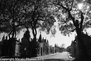 Photo of mausoleums in black and white